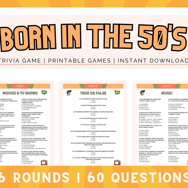 Born in the 50s Trivia | Fun Printable Trivia Game | 60 Trivia Questions a Trivia Night | Born in the 50s Quiz | Party and Birthday Games