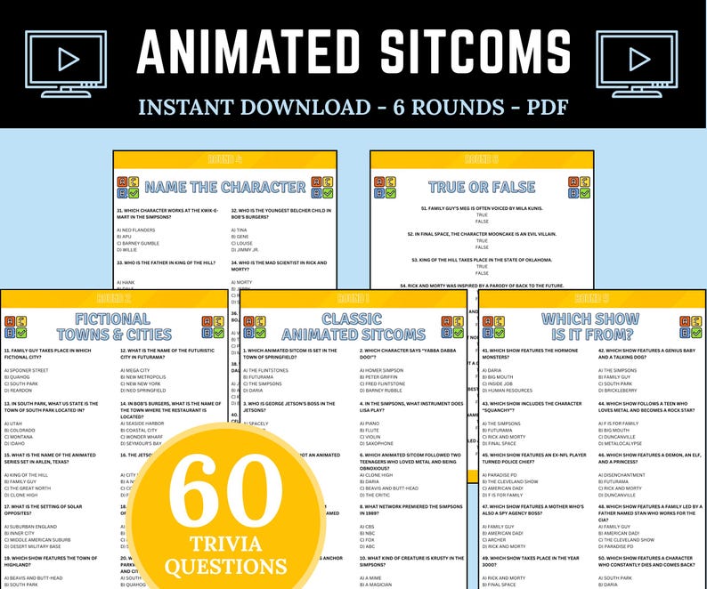 Animated Sitcoms Trivia Game | Printable Animated Sitcoms Quiz ...