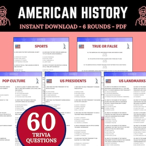 American History Trivia | Printable Trivia Game | Trivia Night Questions for Trivia Night | Test USA History Knowledge | History Trivia Quiz
