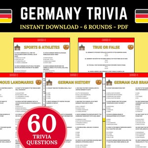 Juego imprimible de preguntas y respuestas sobre Alemania / Cuestionario para aprender sobre Alemania / Cuestionario de conocimientos sobre Alemania / Preguntas de trivia sobre comida, historia y geografía de Alemania