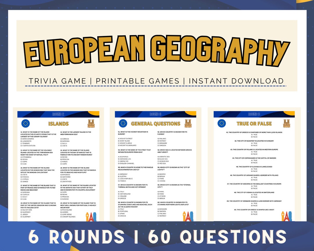 European Geography Trivia Printable Trivia Game 60 Trivia Night