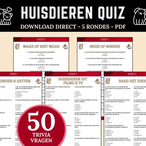 Puede incluir: Un documento de cuestionario sobre mascotas titulado HUISDIEREN QUIZ, que presenta cinco rondas de preguntas en holandés. El diseño incluye un encabezado rojo para cada ronda, preguntas de opción múltiple sobre animales y una insignia roja 50 TRIVIA VRAGEN.