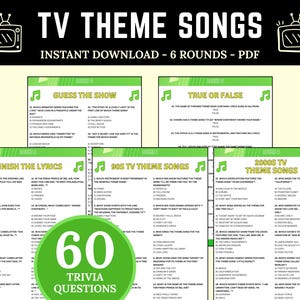 TV Theme Songs Trivia Game, Printable Television Trivia Quiz, Questions for Family Movie Night, TV Show Themed Party, Television Trivia