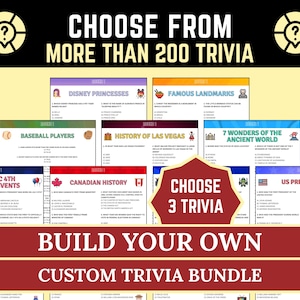 Puede incluir: Una colección de tarjetas de juego de trivia con varias categorías, incluyendo princesas de Disney, monumentos famosos, jugadores de béisbol, historia de Las Vegas, las 7 maravillas del mundo antiguo, eventos históricos del 4 de julio, historia canadiense y presidentes de EE. UU.
