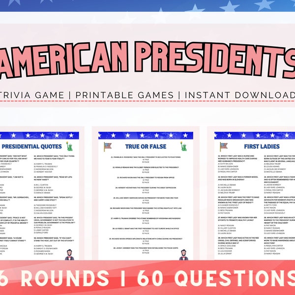 United States President Trivia | Printable Trivia Game | 60 Trivia Night Questions for Presidential Trivia Night | American Presidents Quiz