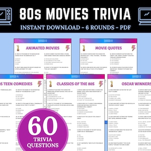 80s Movie Trivia | Printable 80s Trivia Game | 80s Decades Trivia | Fun Games for Party Night | 1980&#39;s Movie Trivia Game | Throwback Trivia