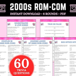 Puede incluir: Un juego de trivia digital descargable, "2000s Rom-Com", con seis rondas y 60 preguntas. El diseño utiliza elementos rosas y blancos, con gráficos de carretes de película y palomitas de maíz. Las categorías incluyen bandas sonoras, parejas y éxitos de taquilla.