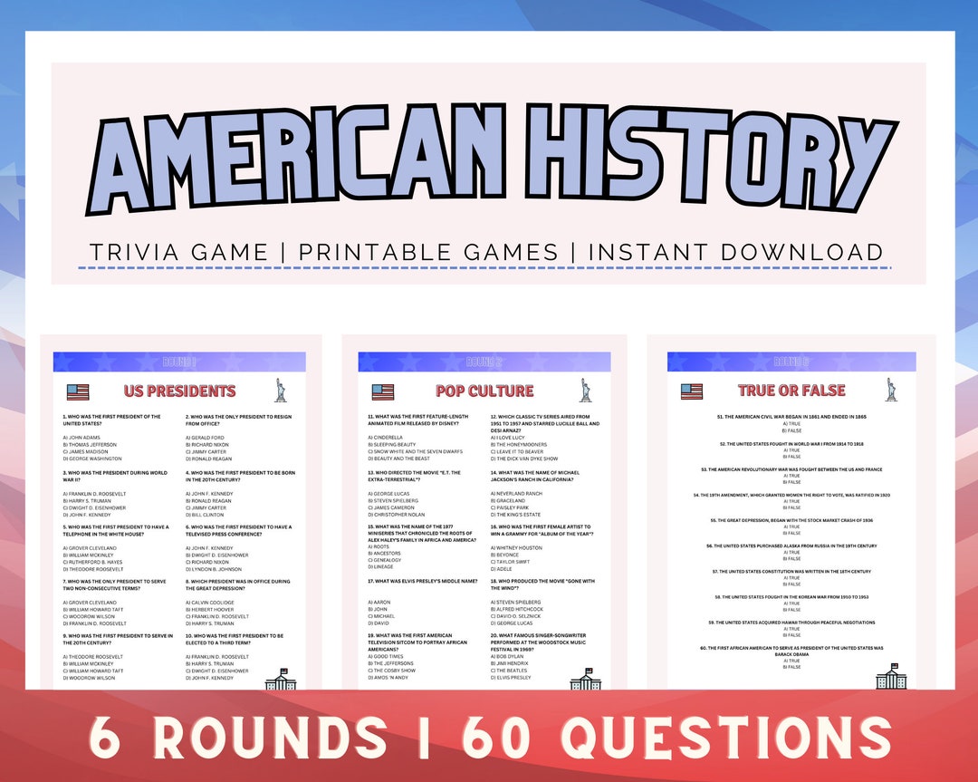 American History Trivia Printable Trivia Game Trivia Night Questions