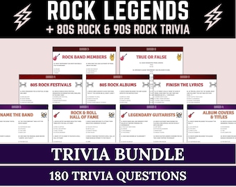 Rock Legends Trivia, 80s Rock Trivia & 90s Rock Trivia Bundle, Printable Rock and Roll Quiz, Music Band Quiz, Name That Song, 80s Party Game