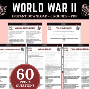 World War II Trivia | Printable Trivia Game | 60 Trivia Questions for a Trivia Night | Test Your World War II Knowledge | History Quiz