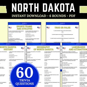 Peut inclure: Un téléchargement numérique d'un jeu de trivia sur le Dakota du Nord, proposant 60 questions réparties sur six manches. Le design comprend un cercle bleu avec "60 Questions de Trivia" et des catégories thématiques telles que le sport, l'histoire et les monuments.