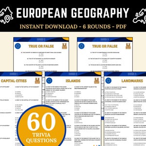 European Geography Trivia | Printable Trivia Game | 60 Trivia Night Questions | European Geography Quiz | Test your Geography Knowledge