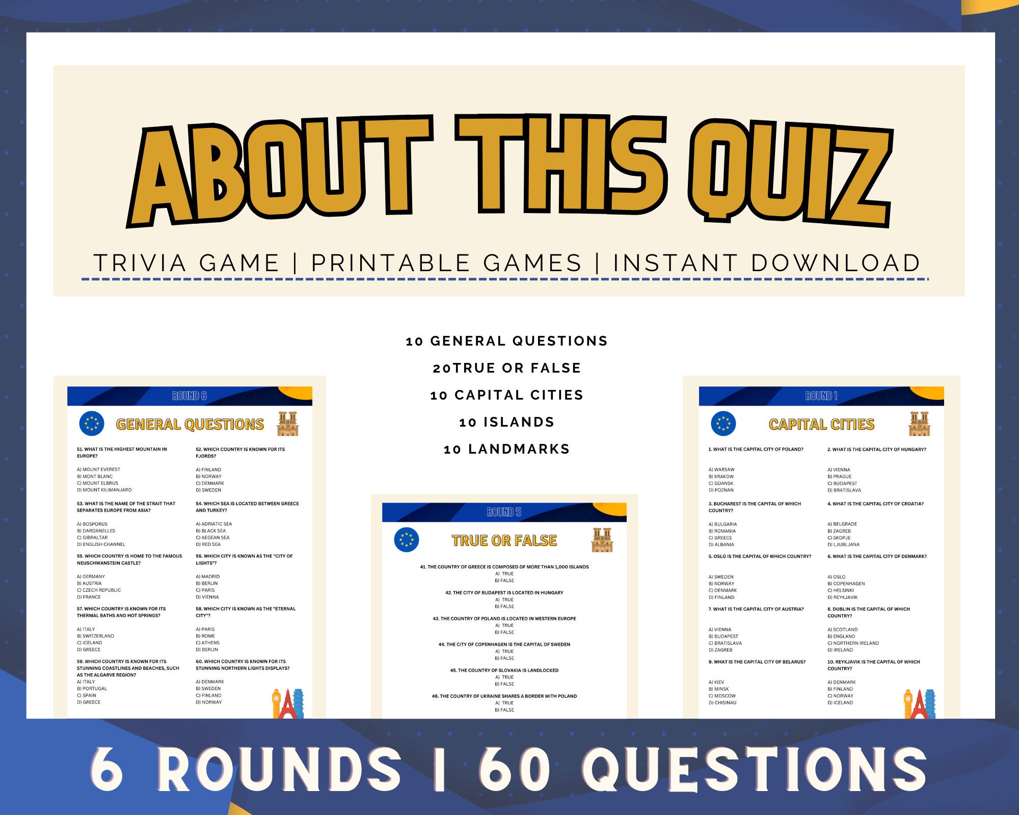 European Geography Trivia Printable Trivia Game 60 Trivia Night