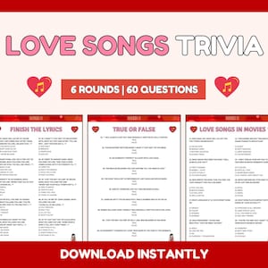Love Songs Trivia Game | Printable Music Quiz Questions | Finish The Lyrics Game | Love Song Quiz | Wedding Games | Fun Bridal Shower Games