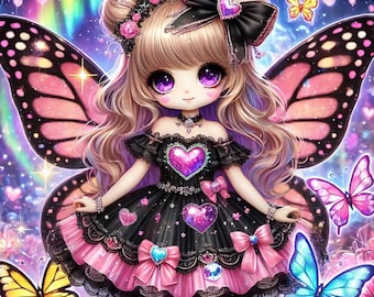 Kawaii Fairy Princess Digital Art Set of 4 | Pastel Butterfly-Winged Dolls | Instant Download Printable | digital wall art