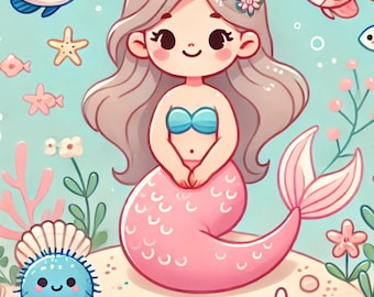 Adorable Whimsical Mermaid Illustration for Kids’ Rooms