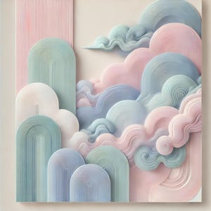 Könnte beinhalten: Abstrakter Kunstdruck mit übereinanderliegenden, geschichteten Formen in Rosa-, Blau- und Grüntönen. Die Formen ähneln Wolken und erzeugen eine weiche, verträumte Ästhetik.