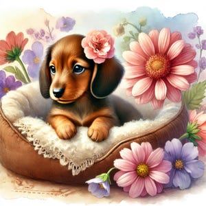 Könnte beinhalten: Ein brauner und schwarzer Dackelwelpe mit blauen Augen liegt in einem braunen und weißen Hundebett. Der Welpe trägt eine rosa Blume auf dem Kopf. Das Bett ist von rosa und violetten Blumen umgeben.