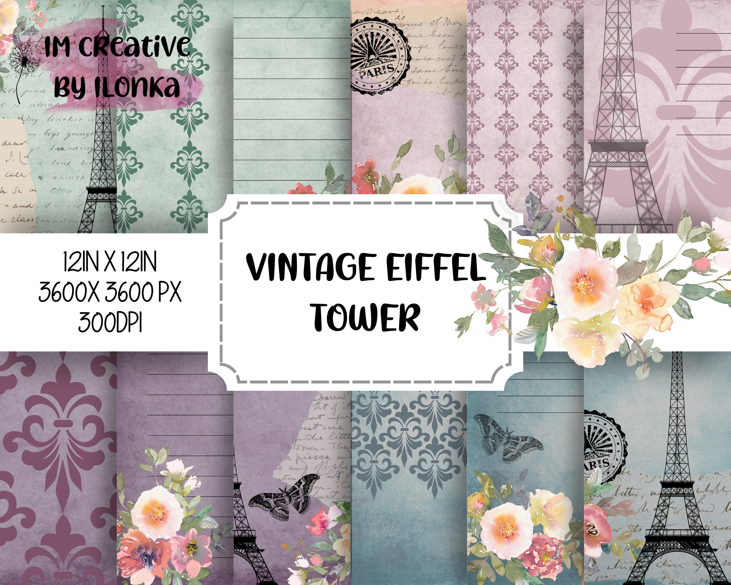 Vintage Eiffel Tower Digital Paper Pack, Printable Scrapbook Ephemera ...