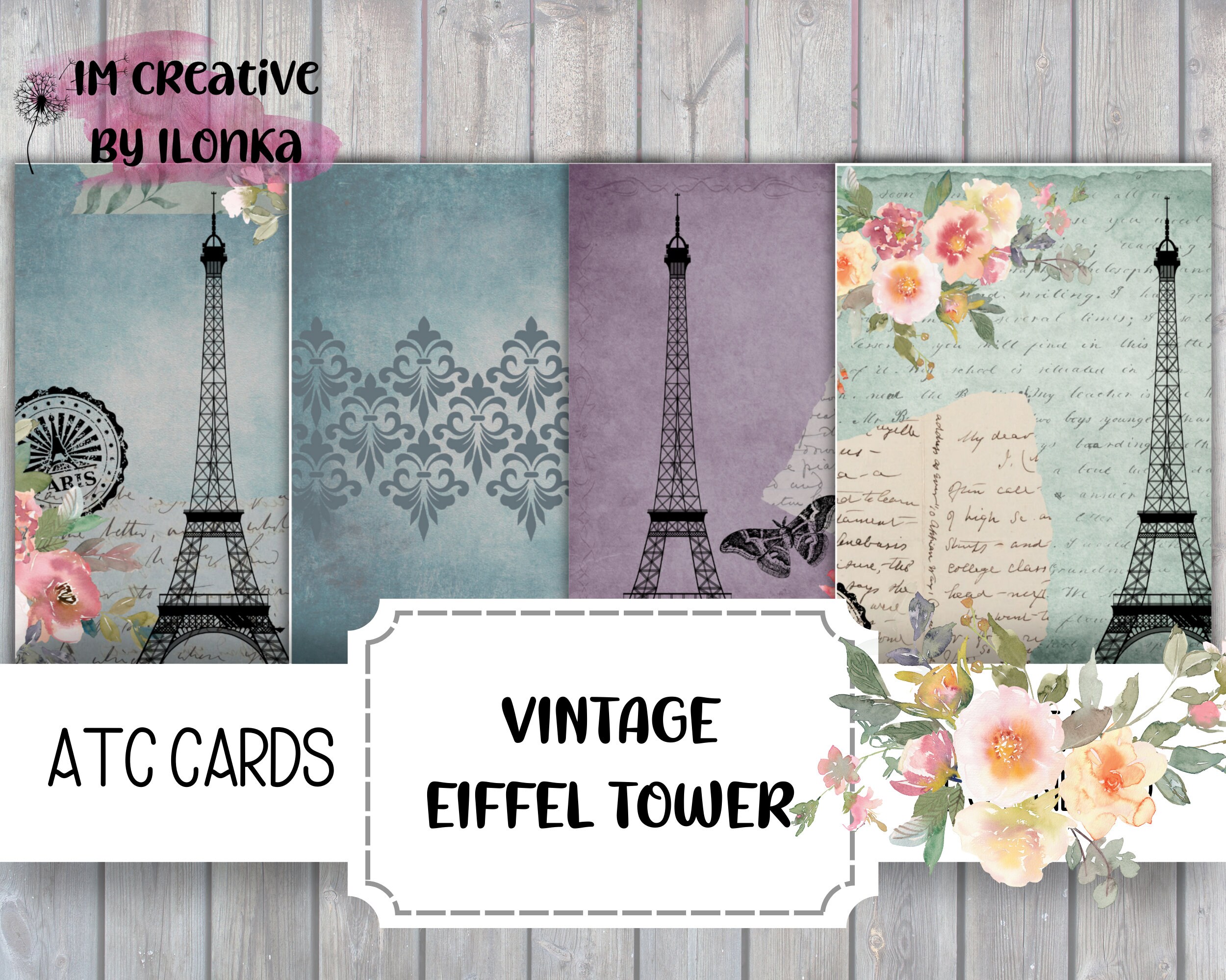 Vintage Eiffel Tower Digital ATC Cards, Printable Scrapbook Ephemera ...