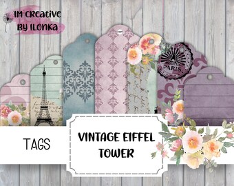 Vintage Eiffel Tower Tags; Digital Download; Printable Scrapbook Ephemera