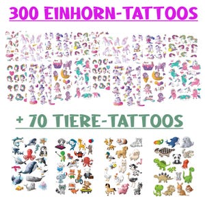 TOPULO® 370+  Kindertattoos - Bunter Mix - Tiere und Einhörner Temporäre Tattoos Kinder