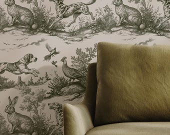 Removable toile wallpaper with rabbits and dogs, peel and stick wall art, classic country hunt, english cottage decor, woodland hunt - 1993