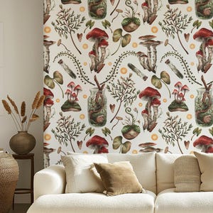 Mushroom Alchemy, Peel and Stick Wallpaper, Woodland Curiosities Wall Art, Cottagecore Wallpaper, Removable Wallpaper, Enchanted Forest 1976