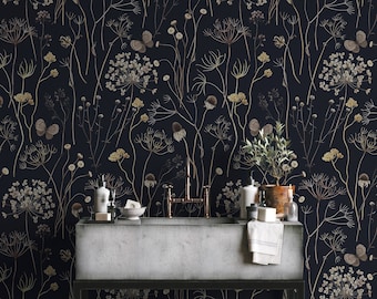 Custom Order - Dark Garden Wallpaper, Floral Wall Art, Peel and Stick Removable Wallpaper, Navy Background, Whimsical Wallpaper - 1623