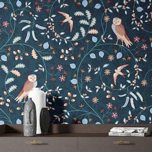 Eulen Tapete, Blaue Tapete, Tier Wandkunst, Vogel Tapete, Natur, Abnehmbare Tapete, Tapete zum Abziehen und Aufkleben, Wohnkultur - 1496