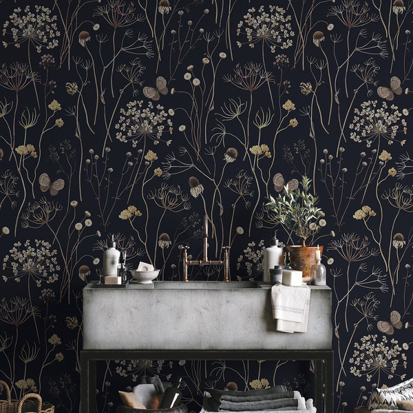 Dark Garden Wallpaper, Floral Wall Art, Peel and Stick Removable Wallpaper, Navy Background, Whimsical Wallpaper, Dark Home Decor - 1623