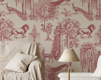 Vintage Toile Wallpaper, Burgundy French Tapestry Peel and Stick Wall Mural, Classic Chinoiserie Wall Decor, Elegant Victorian Design- 1921