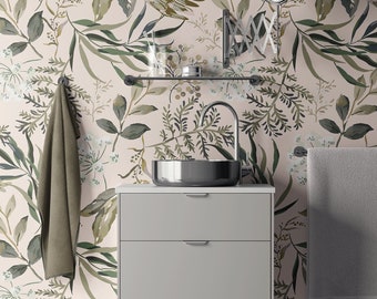 Pastel Green Leaves, Nature Wall Art, Bright Botanical Wallpaper, Removable Wallpaper, Peel and Stick Wallpaper, Home Decor - 1580