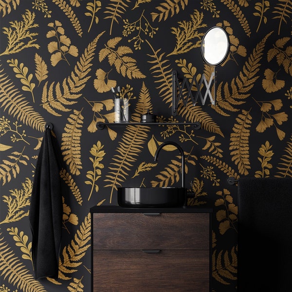 Dark Gold Color Ferns Wallpaper, Ferns Wall Art, Vintage Wall Decor, Peel and Stick Wallpaper, Dark Botanical Leaves, Vintage Decor - 430