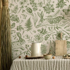 Vintage botanische Kaninchen-Tapete, grüner Wald, abziehen und aufkleben, selbstklebende traditionelle Wandverkleidung für gemütliches Schlafzimmer/Wohnzimmer 1906