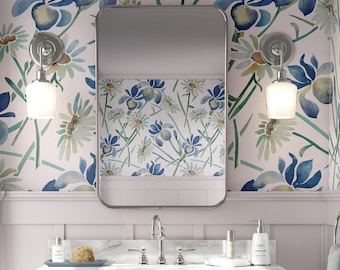 Flower Wallpaper, Peel and Stick Self Adhesive Wallpaper, Fully Removable Wallpaper, Blue Flower Wall Decor, Watercolor Wall Art - 1278