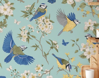 Blue Bird, Floral Wallpaper, Oriental, Animal Wall Art,  Removable Wallpaper, Bird Wallpaper, Peel and Stick Wallpaper, Vintage Decor - 1389