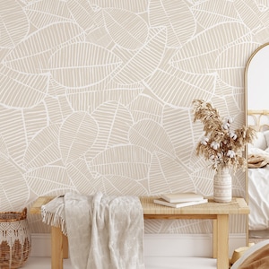 Foglie scandinave, foglie beige pastello, carta da parati con foglie grandi, decorazioni murali botaniche, carta da parati staccabile e attaccabile, arte murale moderna - 1593