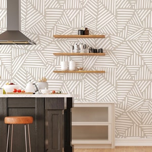Arte murale scandinava, decorazioni murali, carta da parati rimovibile beige, arte murale con triangoli lineari astratti, carta da parati geometrica, stacca e attacca - 1618