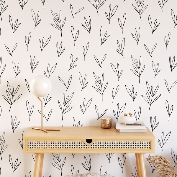 Scandinavian Branches Wallpaper, Leaves Wallpaper, Black and White Wallpaper, Scandinavian Home Decor, Removable Wallpaper, Monochrome - 936