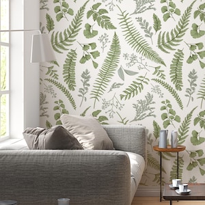 Green ferns botanical large leaves wallpaper, vintage green nature theme wall art, cozy green and beige wallpaper - 1684