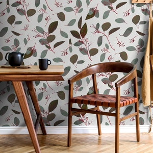 Wallpaper Dark Autumn Leaves, Botanical Wallpaper, Green Leaves, Falling Leaf Wallpaper, Peel and Stick Wallpaper, Wall Decor - 107