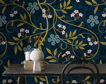 Blue Flower Wallpaper, Green Twigs Wall Art, Nature Wallpaper, Blue Flower Watercolor Wallpaper, Floral Wall Art, Botanical Wallpaper - 929
