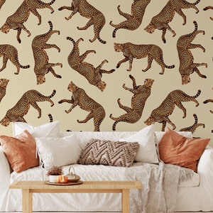 Wild Cat Wallpaper, Cheetah Wall Art Print, Animal Pattern, Removable Vinyl Wallpaper, Peel and Stick Wallpaper, Vintage Home Decor 1333 image 1