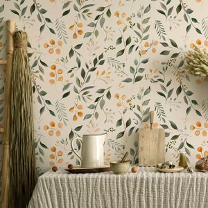 Carta da parati con tulipani vintage arancioni, carta da parati rimovibile con motivi floreali, carta da parati con motivi floreali beige, foglie verdi - 1810