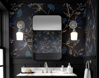 Dark Floral Wallpaper, Dark Blue Wallpaper, Navy Blue Garden Wallpaper, Removable Wallpaper, Peel and Stick Wallpaper, Home Decor - 1470