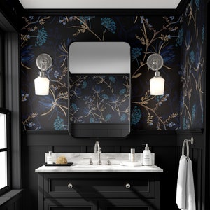 Dark Floral Wallpaper, Dark Blue Wallpaper, Navy Blue Garden Wallpaper, Removable Wallpaper, Peel and Stick Wallpaper, Home Decor 1470 image 1