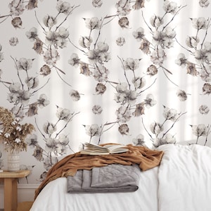 Carta da parati con fiori di cotone, carta da parati beige, decorazioni per pareti della camera da letto, carta da parati in stile boho, carta da parati adesiva per inquilini, arte murale moderna - 165