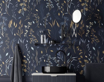 Dark Blue Wallpaper, Gold Color Twigs Wallpaper, Vintage Navy Wallpaper, Peel and Stick Wallpaper, Removable Wallpaper, Vintage Decor - 1579