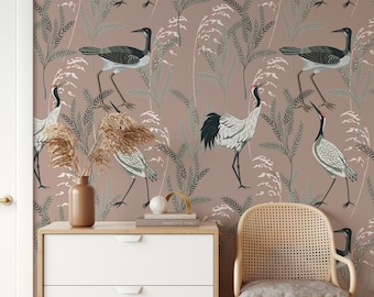 Cranes Wallpaper, Powder Pink Background, Multiple Birds Wallpaper, Easy To Apply Wallpaper, Traditional or Peel and Stick Wallpaper - 1037